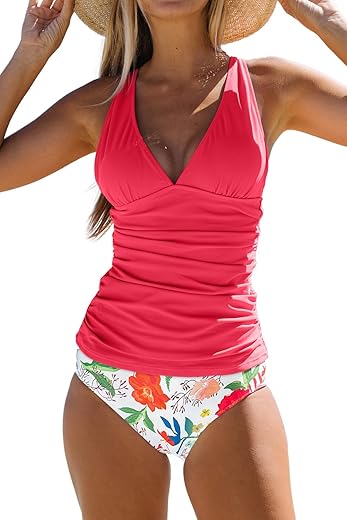 Beachsissi Women'S Cute Floral Print Swimsuits V Neck Tummy Control Tankini Set