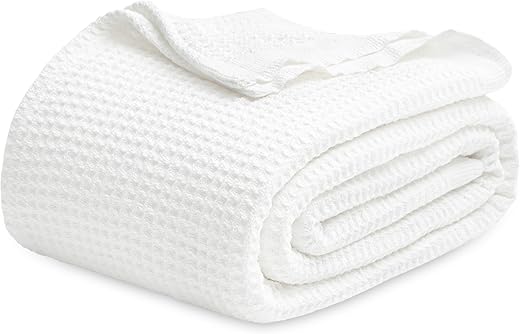 Bedsure 100% Cotton Blankets Queen Size For Bed - Waffle Weave Blankets For Summer, Lightweight And Breathable Soft Woven Blankets For Spring, White, 90X90 Inches