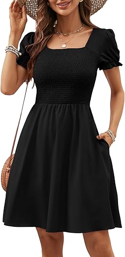 Berydress Women'S Summer Dresses With Pockets Short Sleeve Square Neck Flowy A Line Casual Boho Smocked Mini Sun Dress