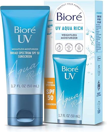 Biore Uv Aqua Rich Spf 50 Pa++++ Daily Moisturizer Sunscreen For Face, For Sensitive Skin, Oil Free, Hyaluronic Acid, Vegan, Oxybenzone &Amp; Octinoxate Free, Dermatologist Tested, 1.7 Oz