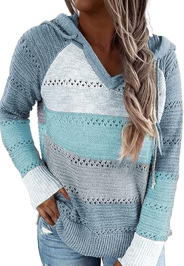 Blencot Women Color Block Hooded Crochet Striped Sweaters Lightweight Drawstring Hoodies Pullover Trendy Sweatshirts