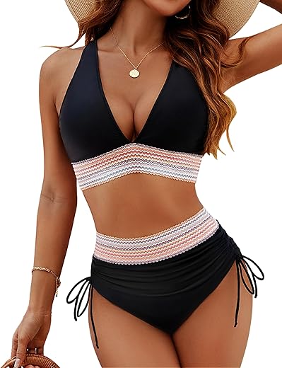 Blooming Jelly Women High Waisted Bikini Sets Tummy Control Swimsuits Color Block Two Piece Drawstring Bathing Suit