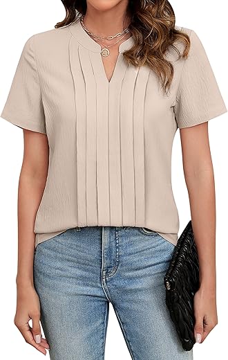 Blooming Jelly Women'S Dressy Casual Blouses Business Work Tops Short Sleeve V Neck Pleated T Shirts 2024 Summer Outfits