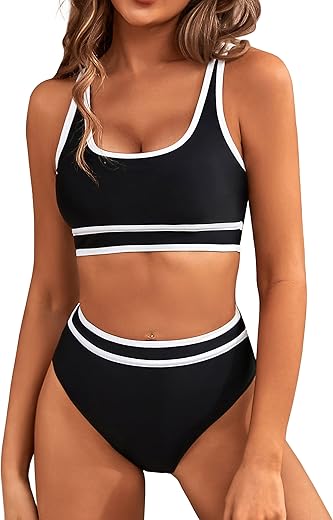 Bmjl Women'S High Waisted Bikini Sets Sporty Two Piece Swimsuits Color Block Cheeky High Cut Bathing Suits