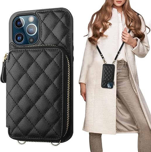 Bocasal Crossbody Wallet Case For Iphone 12 Pro Max, Rfid Blocking Pu Leather Zipper Handbag Purse Flip Cover, Kickstand Folio Case With Card Slots Holder Wrist Strap Lanyard 5G 6.7 Inch (Black)