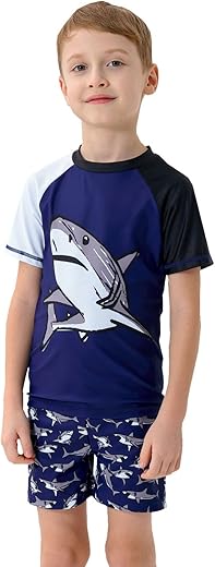 Boys Rash Guard Swimsuit Upf 50+ Uv Short Sleeve Shark Swimwear 2 Pcs Sets Beach Bathing Suit For Kids 2-9 Years Old