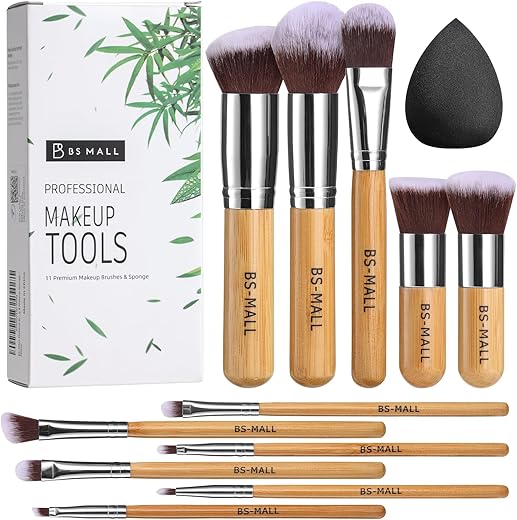 Bs-Mall Makeup Brush Set 11Pcs Bamboo Synthetic Kabuki Brush Set Foundation Powder Blending Concealer Eye Shadows Blush Cosmetics Brushes With Organizer Bag &Amp; Makeup Sponge