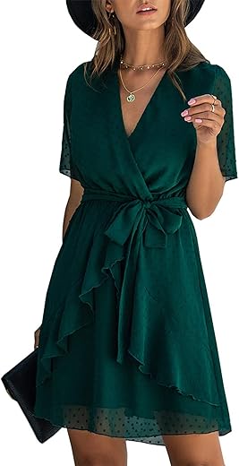 Btfbm Women 2023 Fashion Faux Wrap V-Neck Dresses Short Sleeve High Waist Belt Swing Ruffle Hem Aline Summer Short Dress