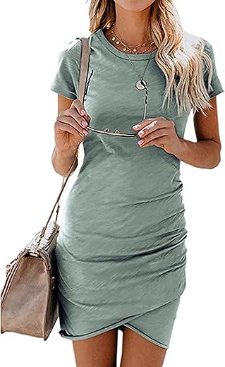 Btfbm Women'S 2024 Summer Casual Beach Dresses Crew Neck Short Sleeve Wrap Party Club Mini Ruched Bodycon T Shirt Dress