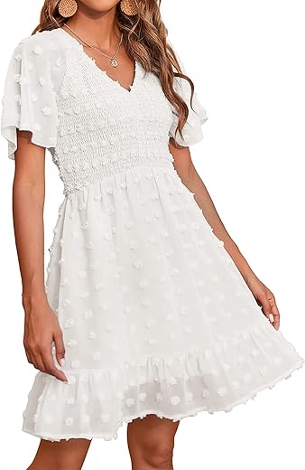 Btfbm Women'S V Neck Smocked Short Sleeve Casual Dress Swiss Dot Swing Flowy Ruffle Hem Mini Beach Summer Dresses 2024