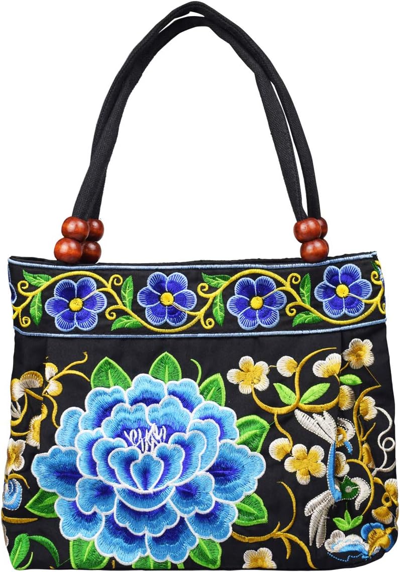 Canvas Floral Hobo Tote Bags For Women Stylish Casual Shoulder Handbag Ethnic Embroidery Purse