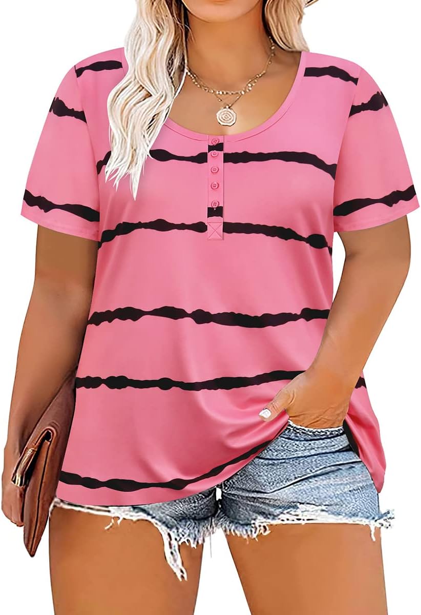 Carcos Plus Size Tops For Women Button Up Henley Shirts Short Sleeve Summer T-Shirts V/Crewneck Casual Trendy Tunics Xl-5Xl