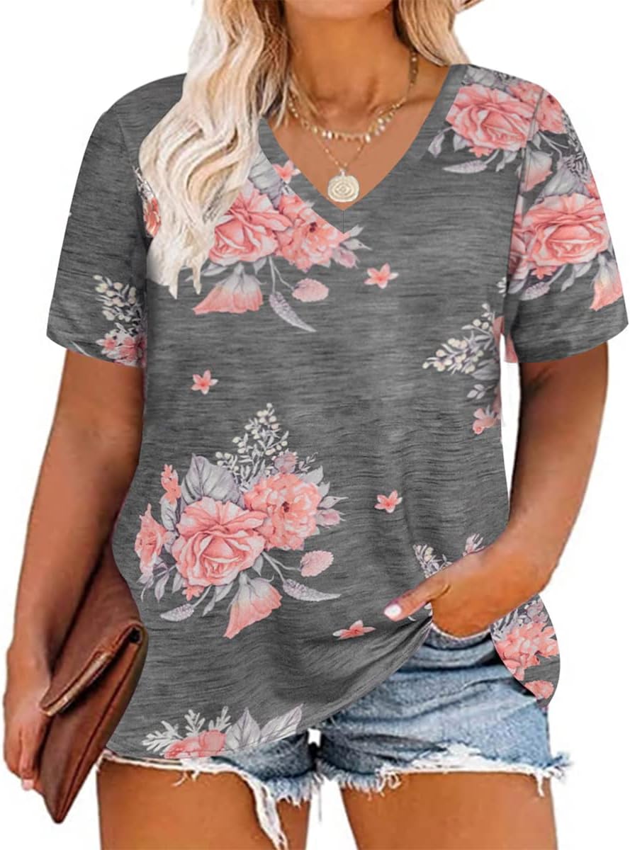 Carcos Womens Plus Size Tops Short Sleeve Shirts V Neck Tunic Floral/Aniaml Blouses Xl-5X