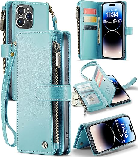 Caseme For Iphone 14 Pro Max Wallet Case, Phone Case For Iphone 14 Pro Max Case With Card Holder For Women Men, Durable Case For Iphone 14 Pro Max With Kickstand Strap Zipper, Blue