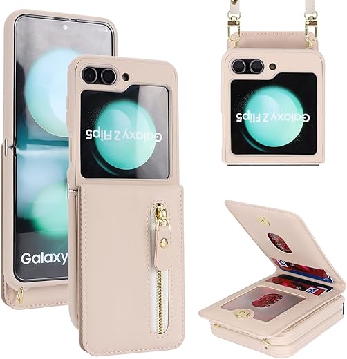 Cavor For Samsung Galaxy Z Flip 5 Case Wallet With For Women,Galaxy Z Flip 5 Case With Strap,Crossbody Strap Lanyard Card Holder Stand,Flip 5 Phone Case Cute,Leather Zipper Pocket Cover-White