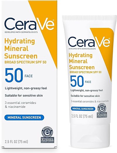 Cerave 100% Mineral Sunscreen Spf 50 | Face Sunscreen With Zinc Oxide &Amp; Titanium Dioxide | Hyaluronic Acid + Niacinamide + Ceramides | Oil Free Sunscreen For Face | Travel Size Sunscreen 2.5 Oz