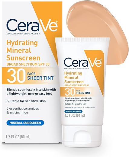 Cerave Hydrating Mineral Sunscreen With Sheer Tint | Tinted Mineral Sunscreen With Zinc Oxide &Amp; Titanium Dioxide | Blends Seamlessly For Healthy Glow | Tinted Moisturizer With Spf 30 | 1.7 Fluid Ounce