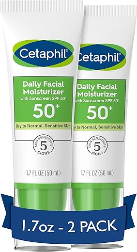 Cetaphil Daily Facial Moisturizer Spf 50, 1.7 Fl Oz (Pack Of 2), Gentle Facial Moisturizer For Dry To Normal Skin Types, No Added Fragrance, Dermatologist Recommended (Packaging May Vary)