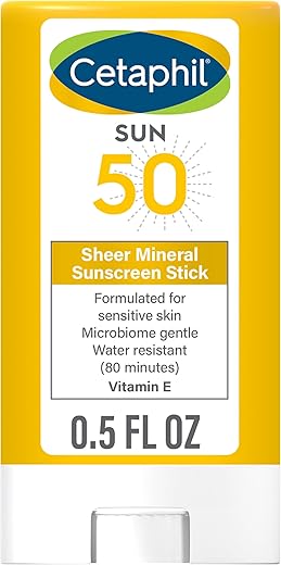 Cetaphil Sheer Mineral Sunscreen Stick For Face &Amp; Body, 0.5Oz, 100% Mineral Sunscreen: Zinc Oxide &Amp; Titanium Dioxide, Broad Spectrum Spf 50, For Sensitive Skin