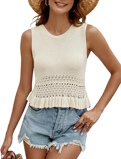 Cicibird Women Cute Crop Sweaters Vest Knit Sleeveless Pullover Tops Crochet Ruffle Hem Tank