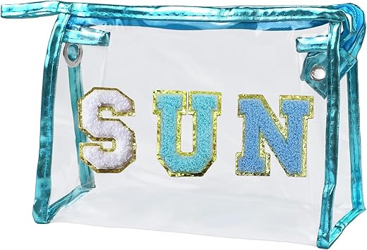 Clear Makeup Bag Preppy Sunscreen Pouch Beach Pool Summer Stuff Travel Cosmetic Toiletry Essentials Small Purse Organizer For Women Teenager Girl With Trendy Letter Patch Blue Sun