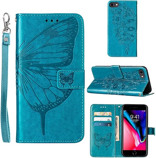 Compatible For Iphone 8 Wallet Case,Iphone 7 Case,Iphone Se 2022 Case,Iphone Se 2020 Case,6/6S Case,[Kickstand][Wrist Strap][Card Holder Slots] Butterfly Floral Embossed Pu Leather Flip Cover (Blue)