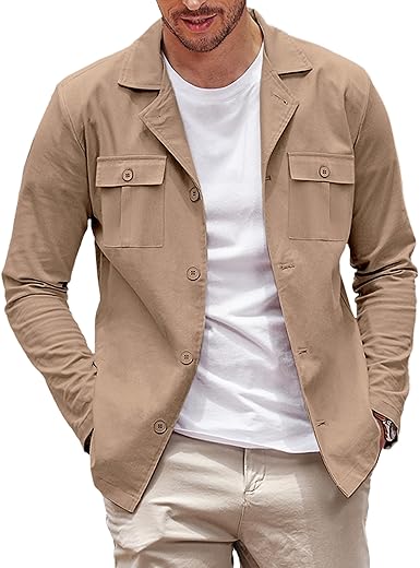 Coofandy Men'S Casual Shirt Jacket Cotton Linen Shacket Lightweight Work Coat Button Down Overshirt