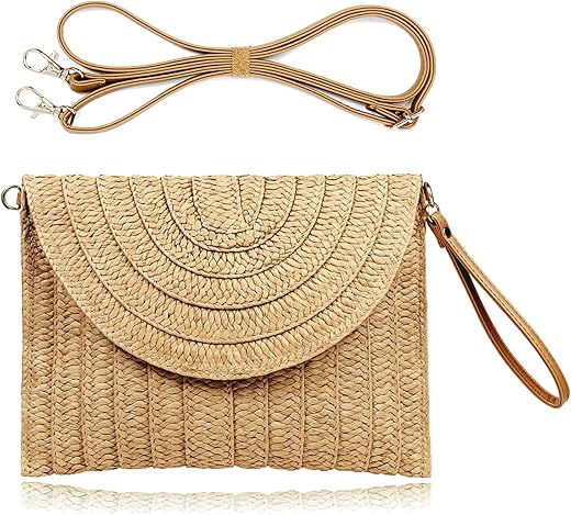 Cookooky Straw Clutch Handbag Summer Beach Straw Purse For Women Woven Envelope Bag