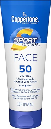 Coppertone Sport Sunscreen For Face, Zinc Oxide Mineral Face Sunscreen Spf 50, Oil Free Sunscreen, Travel Size Sunscreen, 2.5 Fl Oz Tube