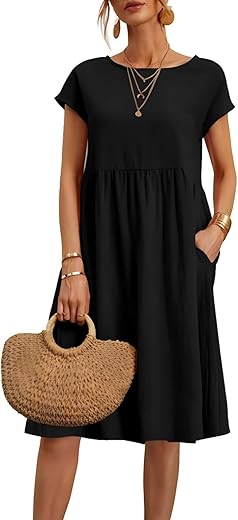 Cotton Dresses For Women 2024 Casual Summer Midi Dress Plus Size Short Sleeve Knee Length T Shirt Dress With Pockets