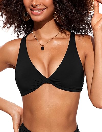 Crz Yoga Womens V Neck Bikini Tops Twist Front Bathing Suit Tops Criss Cross Back Swim Top Padded