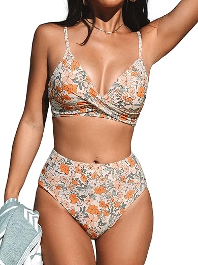 Cupshe Women'S Bikini Sets Two Piece Swimsuit High Waisted V Neck Twist Front Adjustable Spaghetti Straps Bathing Suit