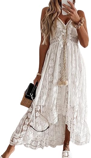 Cupshe Women'S Maxi Dress Lace Dresses Boho Tassel V-Neck Flare Ruffle Adjustable Straps Beach Summer Long Dress