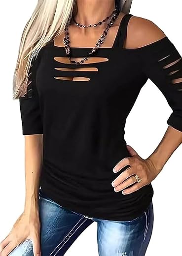 Cut Out Cold Shoulder Square Collar Shirt Women Lacerated 3/4 Sleeve Blouse Cut Out Sexy Hollow Out Casual Tee Tops