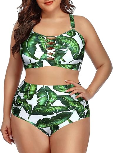 Daci Women Plus Size Two Piece Bikini Swimsuit High Waisted Tummy Control Bottom Bandeau Lace Up Bathing Suit