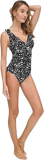 Dkny Women'S One Piece Ruffle V-Neck Bathing Suit