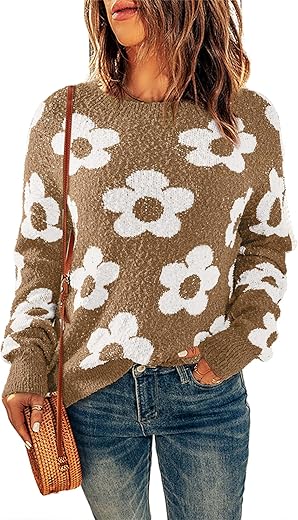 Dokotoo Flowers Sweater Ivory Flora Crewneck Cute Casual Long Sleeve Fall Winter Knitted Pullover Tops