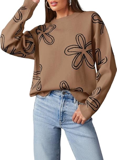 Dokotoo Sweaters For Women Casual Crewneck Long Sleeve Floral Print Cable Knit Pullover Sweater Tops