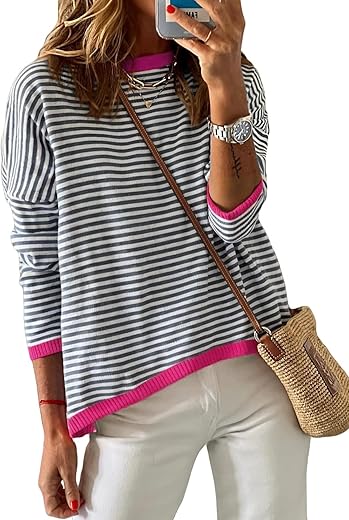 Dokotoo Womens 2024 Long Sleeve Tops Sweaters Casual Crewneck Striped Color Block Drop Shoulder Cotton Pullover Shirts