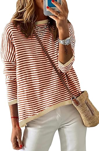 Dokotoo Womens 2024 Long Sleeve Tops Sweaters Casual Crewneck Striped Color Block Drop Shoulder Cotton Pullover Shirts