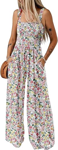 Dokotoo Women'S Casual Loose Overalls Jumpsuits One Piece Sleeveless Printed Wide Leg Long Pant Rompers With Pockets