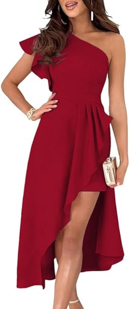 Dokotoo Womens One Shoulder Sleeveless Ruffle Empire Waist Asymmetrical High-Low Bodycon Formal Wedding Guest Midi Dresses