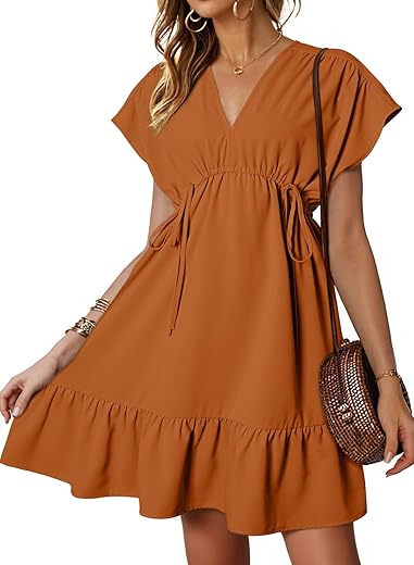 Dokotoo Womens Summer Dresses 2024 Short Sleeve V Neck Drawstring Casual Ruffle A-Line Swing Mini Babydoll Dress