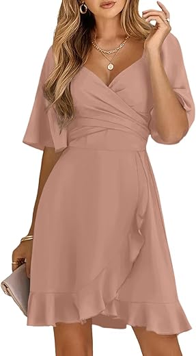 Dokotoo Women'S Wrap V Neck Short Flared Sleeve Wedding Guest Dress Smocked Elastic Waist Tiered Belted Ruffle Hem Mini Dress