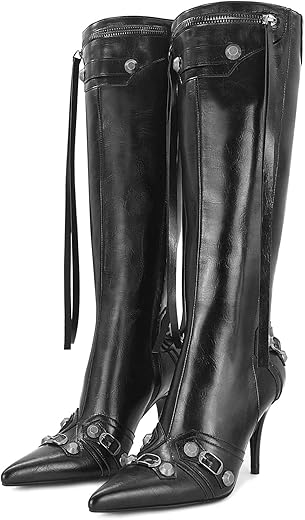 Dsevht Women'S Stiletto Black Knee High Boots Sexy Pointed Toe Boot Fashion Trendy High Heel Boots Zipper