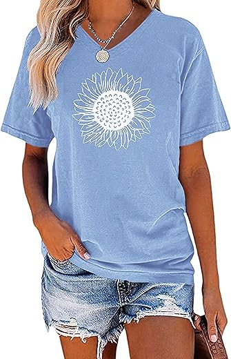 Eadinve Women'S Summer Short Sleeve Cute Sunflower Graphic Printed Tee Vintage T Shirt Cotton Tops Novelty Cool Shirts