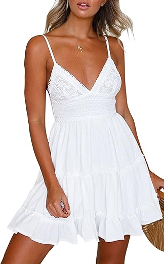 Ecowish Dresses For Women 2024 Summer V-Neck Spaghetti Strap Bowknot Backless Sleeveless Lace Mini Swing Skater Dress