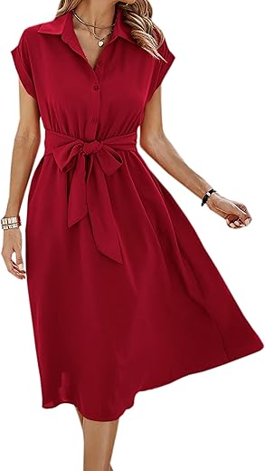 Ecowish Womens Casual Midi Dresses Solid V Neck Short Sleeve Button Shirt Belted Dress With Pockets For Spring Summer 2024