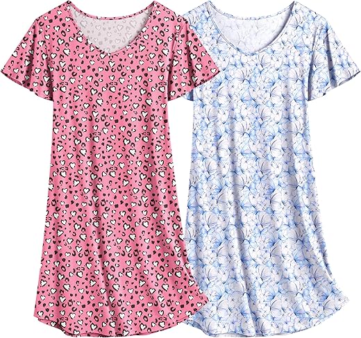 Ekouaer 2 Pack Nightgowns For Women Flare Short Sleeve Sleepshirt V Neck Sleepwear Pajama Dress S-2Xl