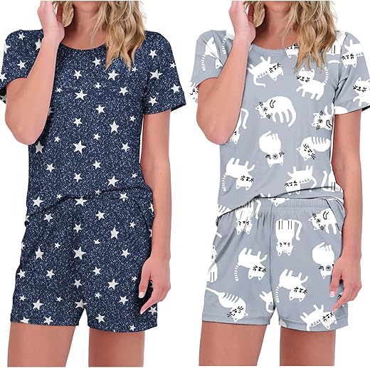 Ekouaer 2 Pack Pajama Sets Womens'S Short Sleeve Tops With Shorts Comfy Pjs Casual Lounge Sets Sleepwear With Pockets